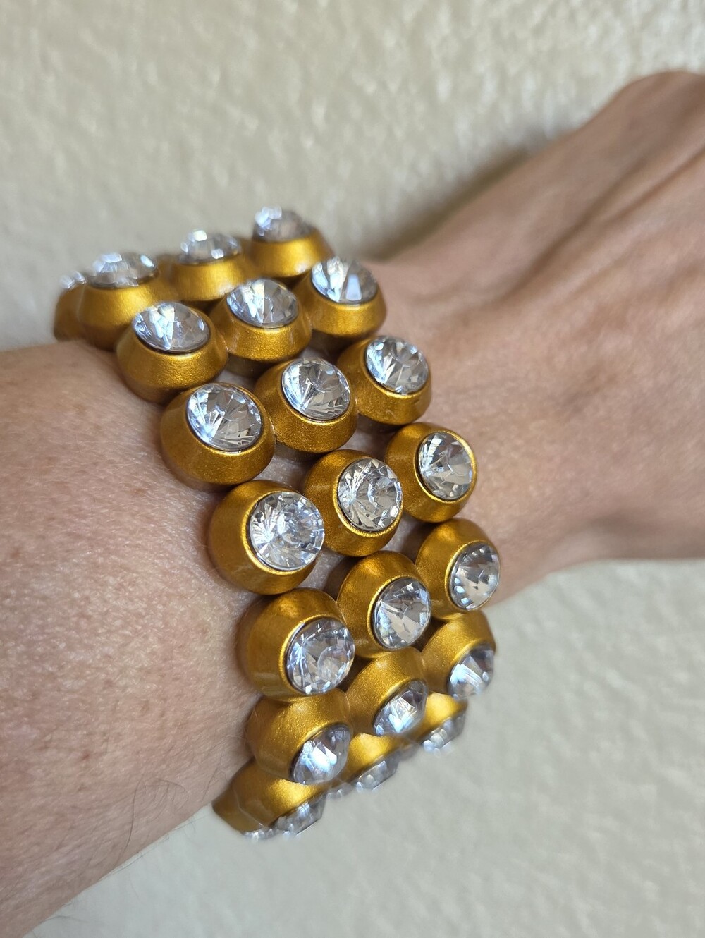​chunky plastic bezel crystal stretch cuff bracelet wide 3 row cocktail glam